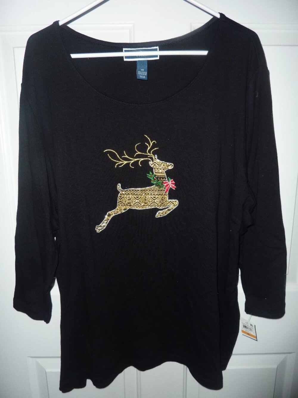 NWT Karen Scott Woman Embellished Holiday Reindeer 3/4 Length Sleeves 3X